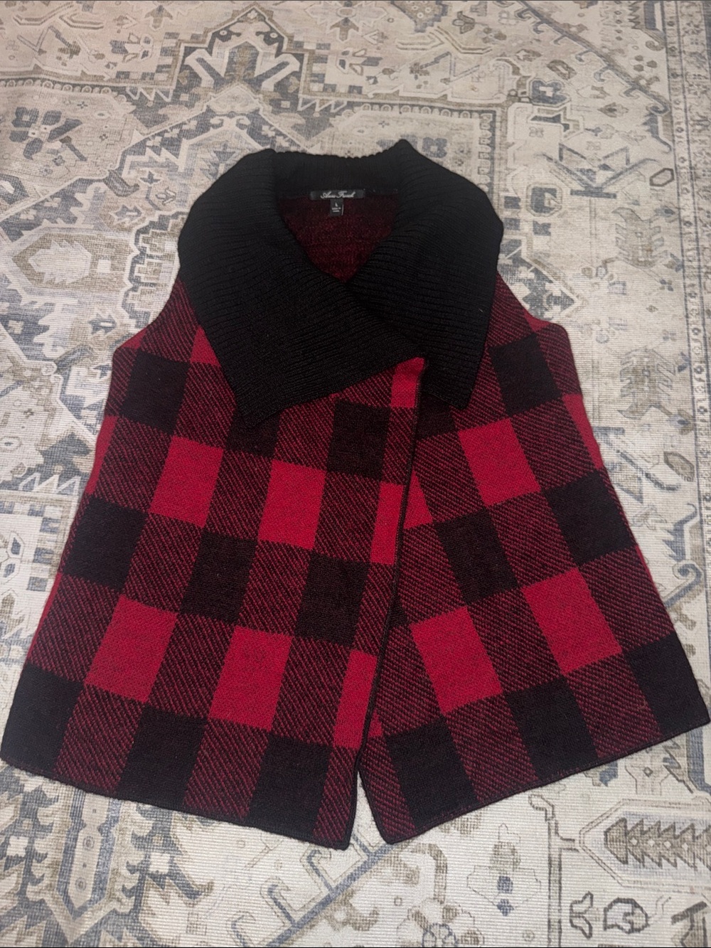 Anne French 100% Wool Buffalo Plaid Open Front Sweater Vest Red Black Size Lg